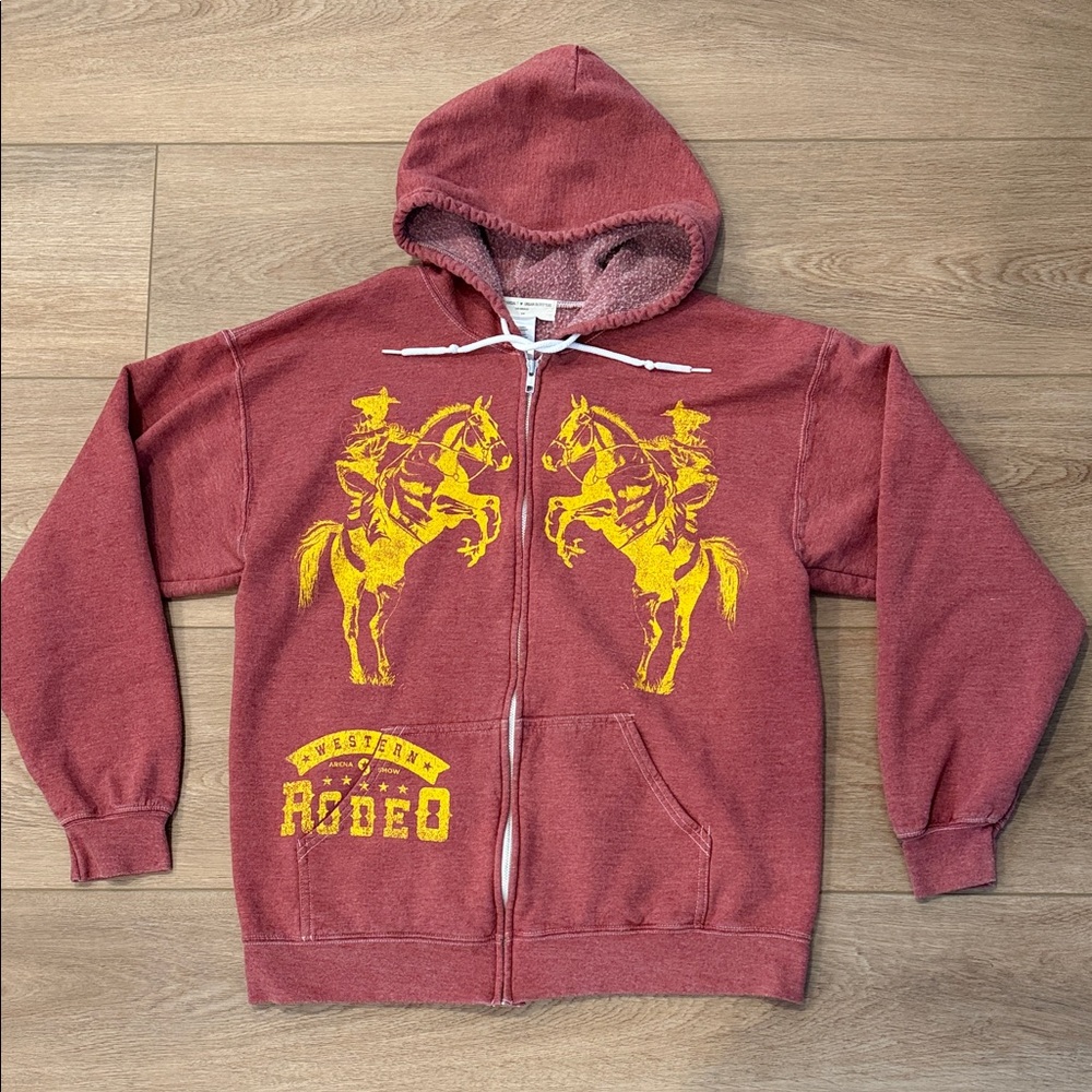 Project Social T burgundy Hoodie with Yellow Rodeo Graphic size S/M